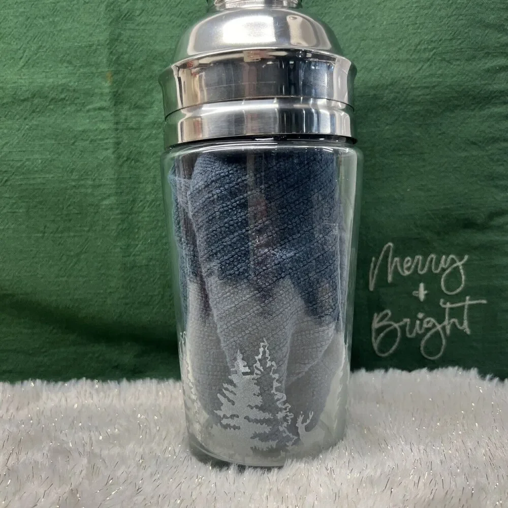 Cocktail Shaker Etched Evergreen Trees‎ Forest Deer Martini Glass Metal